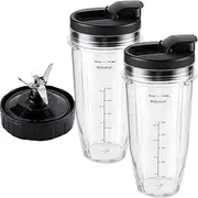 5-Piece Blender Replacement Parts 24oz Ninja Blender Cups with to-Go Lids, 7 Fins Extractor Blade Compatible with Nutri Ninja Auto iQ Blenders BL2012 BN801 BL480 BL682 BL642