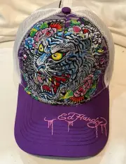 ED HARDY Throwback Embroidered Floral White Tiger Trucker Hat Purple
