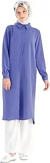 [Tuğba] Long Tunic for Muslim Women – Modest Hidden Button Shirt, Elegant Loose Fit Blouse, Hijab-Friendly Muslim Clothing, Blue, 18-20
