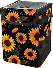 Car Trash Can with Lid and Storage Pockets Leak-Proof Organizer,Multipurpose Trash Bin for Car,Black Background Sunflowers