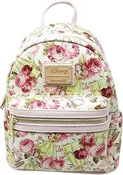 [Loungefly] Belle Beauty and the Beast Character Floral Print Mini Faux Leather Backpack, White, Modern