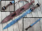 30” Unique Damascus Steel Custom Handmade Gladius Sword, Leather Sheath Included
