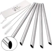 5 Pcs 10" Reusable Bubble Tea & Smoothie Straws, 8 Piece Set, Silver