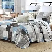 CozyQQ Blue Gray Plaid Quilt - 100% Organic Cotton Queen Size Quilt, Farmhouse Lightweight Queen Quilted Bedspread Set, Neutral Unisex Modern Cottage Comforter Bedding Set with 2 Pillow Shams, 98"x90"