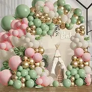 135Pcs/Set Jungle Garland Arch Kit Safari Animal Printed Balloons, Pink Sage Green Balloon Arch for Party Supplies