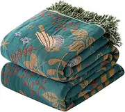 [VANJOROY] Boho Large Throw Blanket for Bed, 100% Cotton Soft Breathable Throw-Floral Bird Rustic Decor Blanket for Couch Sofa Quilt and Gift, 60" x 80"-Teal/Beige