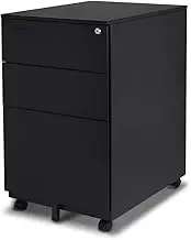 Aurora FC-103BK Modern SOHO Design 3-Drawer Metal Mobile File Cabinet with Lock Key Sliding Drawer, Fully Assembled, Black