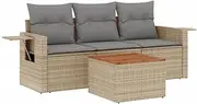 [vidaXL] Garden Sofa Set - Modular Outdoor Furniture 4-Piece Rattan Patio Seating with Cushions - Beige/Grey