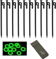 HopingMore 21Pcs Kit 25cm Carbon Steel Tent Stakes- 10 Heavy Duty Metal Tent Pegs w/ 10 Glow Rings & 1 Storage Bag-Camping Stake Peg Accessories,Durable Ground Anchors for Yard Outdoor Canopy Tarp