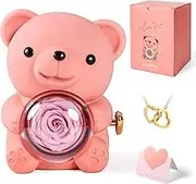 mountova Romantic Teddy Bear with Preserved Rose and Necklace, Real Rose in Elegant Gift Box for Women, Bear Roses Gifts for Valentine's Day,Weddings,Mother's Day,Anniversary,Birthday,Christmas, Pink