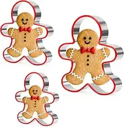 Heatunk 3-Piece Stainless Steel Gingerbread Man Cookie Cutters Set - Baking Molds with Red Environmental PVC Handles