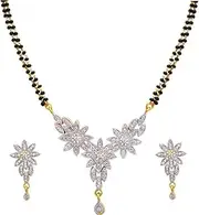 [Krishna Creation] 18k Rhodium Plated Traditional Single Line American Diamond Pendant with Black Bead Chain Mangalsutra for Women, Small, Metal, Cubic Zirconia