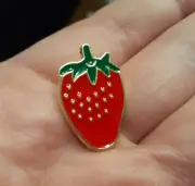 STRAWBERRY PIN red and green fruit gold-tone brooch badge enamel lapel pinback