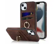 Full Protection Cover for iPhone 13 Mini, 2 Cards PU Leather Case with Ring Holder - Brown
