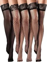 [SNDE] 4 Pairs Fishnet Thigh High Stocking for Women Silicone Lace Top Sheer Over Knee Silky Stockings