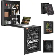 Wall Mounted Desk, Fold out Convertible Desk, Multi-Function Folding Wall Table with Chalkboard for Home Office, Space Saving Computer Desk with Storage