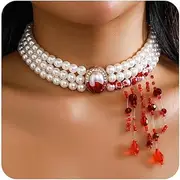 [YOOESTORES82] Dripping Blood Pearl Choker Necklace for Women Multiply Layer Halloween Pearl Necklaces Gothic Vampire Party Costume Jewelry Gifts