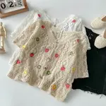 花朵刺繡針織衫女夏法式復古鏤空繡花V領短袖襯衫寬松顯瘦上衣潮