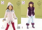 King Cole Aran & Luxury Fur Knitting Pattern Girls Jacket Gilet Boot Toppers Hat & Headband (5444)