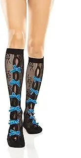 [Violet Mist] Womens Black Fishnet Knee High Stockings with Bow Sexy Lace Knee Highs Floral Patterned Sheer Hollow Out Socks
