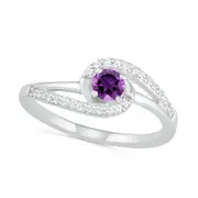 4.0mm Amethyst and Lab-Created White Sapphire Bypass Swirl Frame Split Shank Ring in Sterling Silver