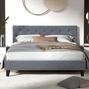 Artiss Queen Bed Frame Platform Tufted Headboard Wooden Frames Beds Base Bedroom Room Decor Home Furniture, Upholstered with Grey Faux Linen Fabric + Foam + Wood, Modern Design