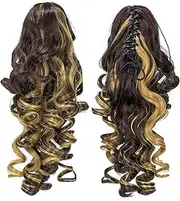 12-Inch Short Screw Curls Claw Clip Ponytail Extensions Synthetic Clip in Drawstring Curly Ponytail Hairpiece Jaw Clip Hair Extension (Dark Brown Strawberry Blonde Highlights-4H27)