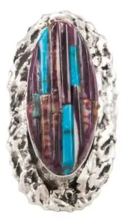 Navajo Native American Spiny Oyster and Turquoise Ring Size 8 by Clinton Pete SK