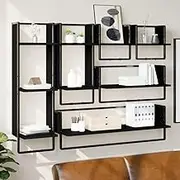 6 Piece Wall Shelf Set Hanging with Oak Finish, Black Engineered Wood Shelves, Wood Wall Shelves Frame for Living Room, Shelf with Bar