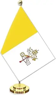 Vatican Desk Small Flag Set,5×8 Inch Mini Vatican people Desktop Banner,12" Metal Solid Pole Decor,Tiny Digital Printed Polyester Banner With Golden Base