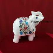 8" Marble Elephant Trunk Up Marquetry Rare White Stone Inlay Mosaic Decor