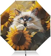 [PDZRMY] Ragdoll Cat Sunflower UV Protection Travel Umbrella Compact for Rain and Sun - Auto Open and Close UPF 50+ Windproof Portable 46” Sun Umbrella for Women and Men