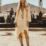 Women's Midi Dress Boho Dress Western Dress Fashion Outdoor Vacation Holiday Regular Fit Plain Long Sleeve V Neck Apricot Summer