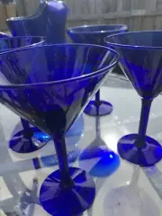 Pier One Colbert Blue Pitcher ￼with Four Matching Long Stem ￼Martini Glass Set