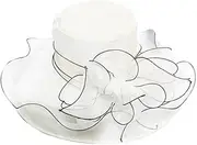 [Ｗoowayo] Women Wide Brim Sun Hats Beach Hat Floral Design Sun Protection Adjustable Organza Thin Elegant Sun Cap Fashion Accessories White