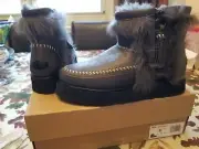 UGG FLUFF PUNK TOSCANA DARK GRAY BOMBER FUR ZIP ANKLE MINI BOOTS SIZE US 8 WOMEN