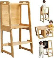CHUCII Learning Tower, Kids Foldable Learning Tower with Blackboard, 4-in-1 Foldable Kitchen Tower for Learning, for Kitchen Counter Bathroom Sink (Wood)