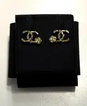 Chanel 22A CC Logo with Camelia Flower Metal Gold Stud Earrings