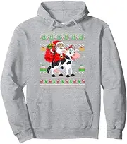 [ErrEonn] Ugly Xmas Sweater Funny Santa Riding Cattle Christmas Pullover Hoodie