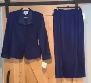 New! Valerie Steven Evening Dinner Sz 10 Petite Blue Skirt Suit Satin Lapel Wool