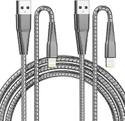 Apple MFi Certified iPhone Metal Braided Charger - 6.6Ft Heavy Duty Fast Charging Cable, 304 Stainless Steel Lightning Cable, Pet Chew Proof, Data Sync for iPhone/iPad - 2Pack