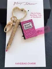 Betsey Johnson Handbag Charm Key Ring Clip Gold Crystal Pencil Pink Notebook-NEW