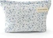 Aesthetic Makeup Bag Cotton, Quilted Floral Make up Bags, Make Up Pouch, Toiletry Bag Women, Floral Makeup Bag, Cosmetics Organizer Pouch, Pencil Case for Daily Use (Blue)