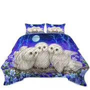 Blue Purple Moonlight Forest Owl Triplets Coverlet
