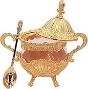 Hourwof Sugar Bowl With Lid and Spoon for Kitchen, Coffee Bar, Wedding Party - Metal and Glass Container for Cubes and Powder, Spice Condiment, Salt Server - Gold