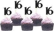 Sotpot 30 Pack Happy 16th Cupcake Toppers 16 Birthday Cake Decorations for 16th Birthday Wedding Anniversary Party Supplies Black Glitter