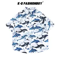 在飛比找蝦皮商城優惠-【K-2】滿版 海洋 快樂海豚 扭動 白底襯衫 口袋襯衫 短