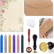 Tanstic 29Pcs Vintage Paper and Envelopes Set, Including 6 Colors Wax Sticks, 10 Sheets Letter Paper, 10 Kraft Envelopes, Seal Stamp and Wooden Handle, Tea Candles and Wax Spoon for DIY Letter