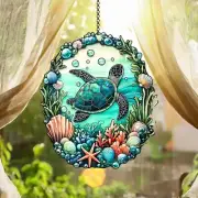 Green Turtle Acrylic Suncatcher, Faux Stained Glass Window Hanging Decor