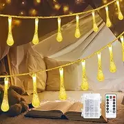 Easytao Fairy Lights Battery Operated, 10ft Rain Drop String Lights, 30 LED Lights with Remote and 8 Modes, Waterproof for Bedroom Tent Loft Camping Porch Patio Party Wedding Diwali Decor, Warm White